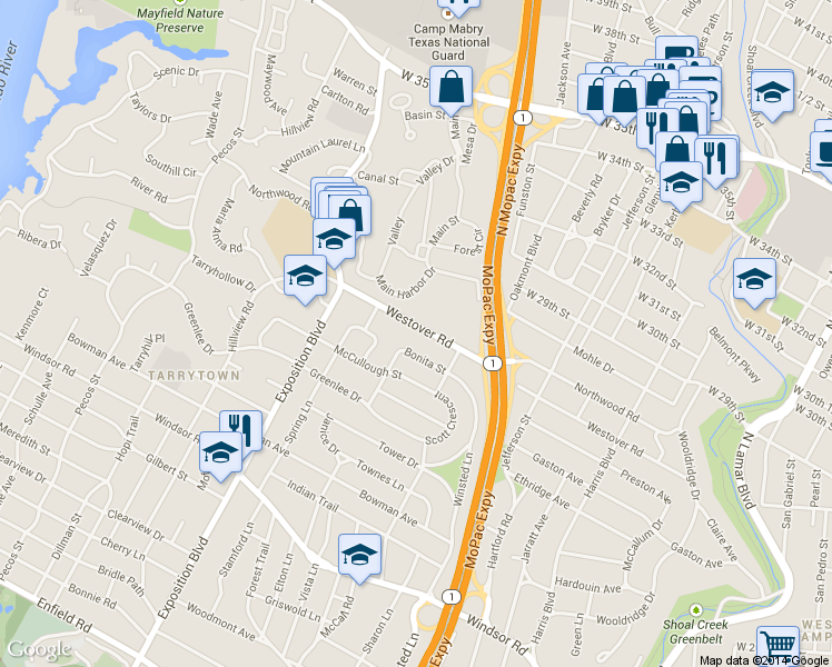 map of restaurants, bars, coffee shops, grocery stores, and more near 2304 Westover Road in Austin