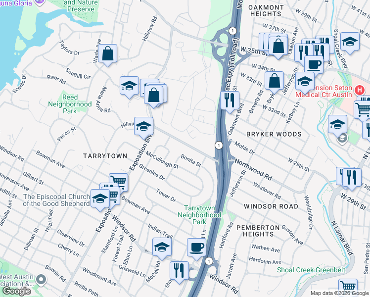 map of restaurants, bars, coffee shops, grocery stores, and more near 2304 Westover Road in Austin
