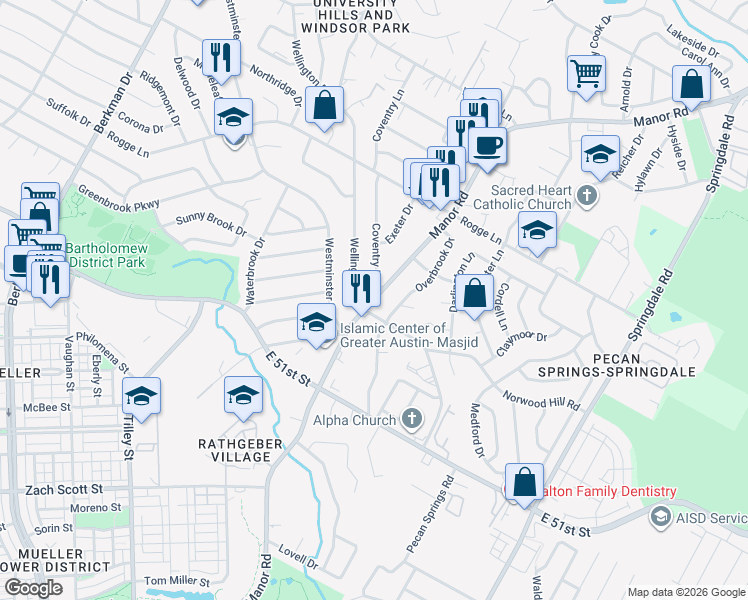 map of restaurants, bars, coffee shops, grocery stores, and more near 5400 Manor Road in Austin