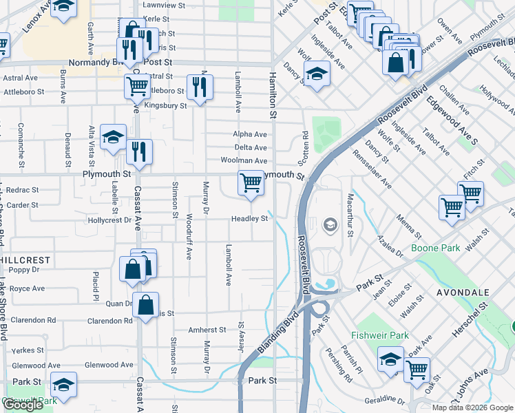 map of restaurants, bars, coffee shops, grocery stores, and more near 1259 Glen Laura Road in Jacksonville