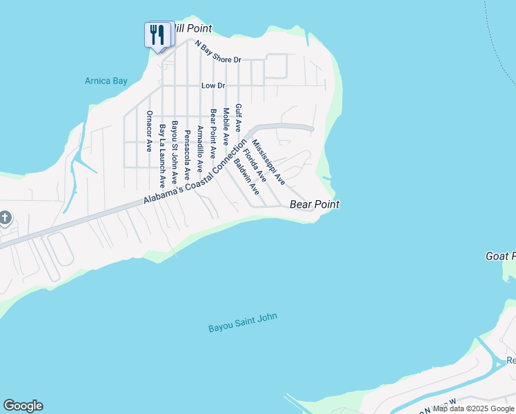 map of restaurants, bars, coffee shops, grocery stores, and more near 29687 Bayshore Drive in Orange Beach
