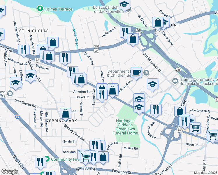 map of restaurants, bars, coffee shops, grocery stores, and more near 3749 Lilly Road North in Jacksonville