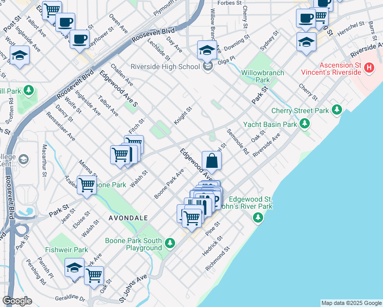 map of restaurants, bars, coffee shops, grocery stores, and more near 1617 Edgewood Avenue South in Jacksonville