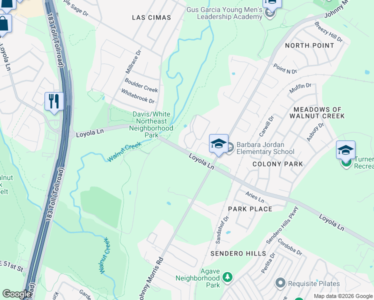 map of restaurants, bars, coffee shops, grocery stores, and more near 6200 Loyola Lane in Austin