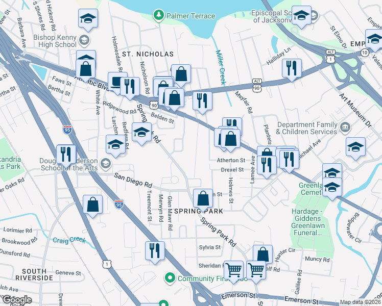 map of restaurants, bars, coffee shops, grocery stores, and more near 2134 Camden Avenue in Jacksonville