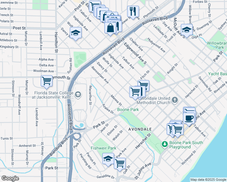 map of restaurants, bars, coffee shops, grocery stores, and more near 1342 Rensselaer Avenue in Jacksonville