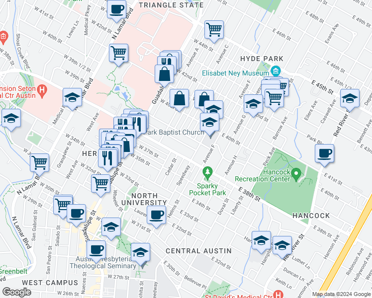 map of restaurants, bars, coffee shops, grocery stores, and more near 105 West 38th 1/2 Street in Austin