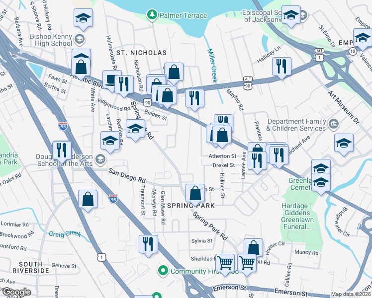 map of restaurants, bars, coffee shops, grocery stores, and more near 2134 Camden Avenue in Jacksonville