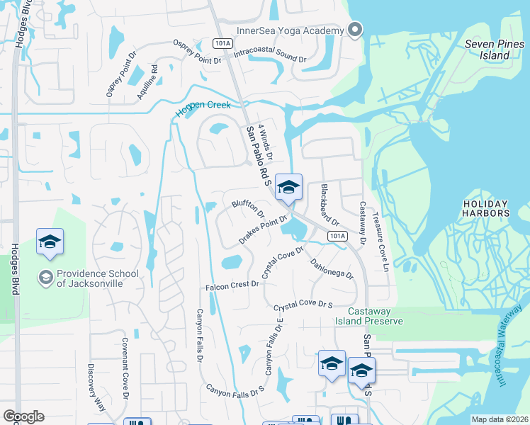 map of restaurants, bars, coffee shops, grocery stores, and more near 2471 Bluffton Drive in Jacksonville