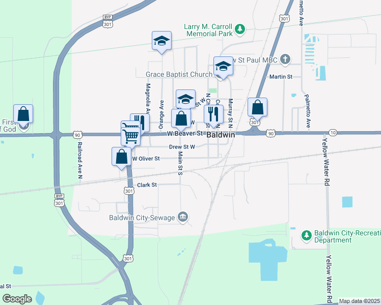 map of restaurants, bars, coffee shops, grocery stores, and more near 230 Drew Street West in Baldwin