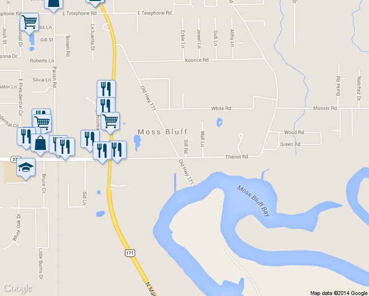 map of restaurants, bars, coffee shops, grocery stores, and more near 137 Gill Rd in Lake Charles