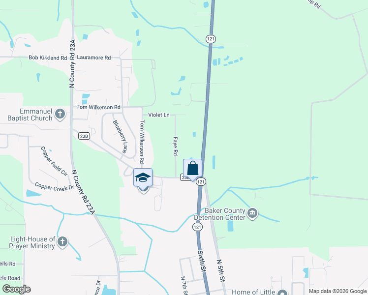 map of restaurants, bars, coffee shops, grocery stores, and more near 11807 Faye Road in Macclenny