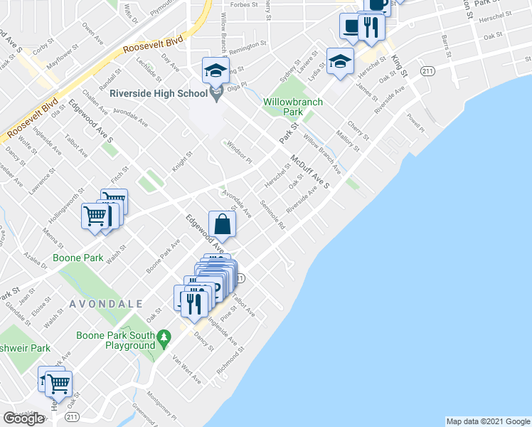 map of restaurants, bars, coffee shops, grocery stores, and more near 1648 Seminole Rd in Jacksonville