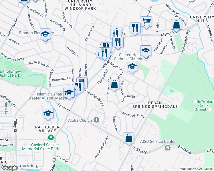 map of restaurants, bars, coffee shops, grocery stores, and more near 5500 Darlington Lane in Austin