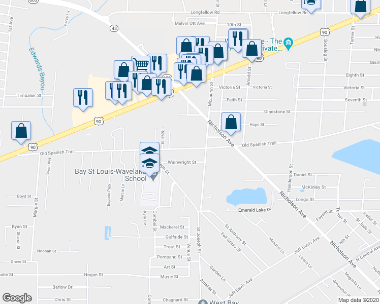 map of restaurants, bars, coffee shops, grocery stores, and more near 408 Old Spanish Trail in Waveland