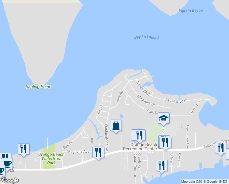 map of restaurants, bars, coffee shops, grocery stores, and more near 5276 Washington Boulevard in Orange Beach