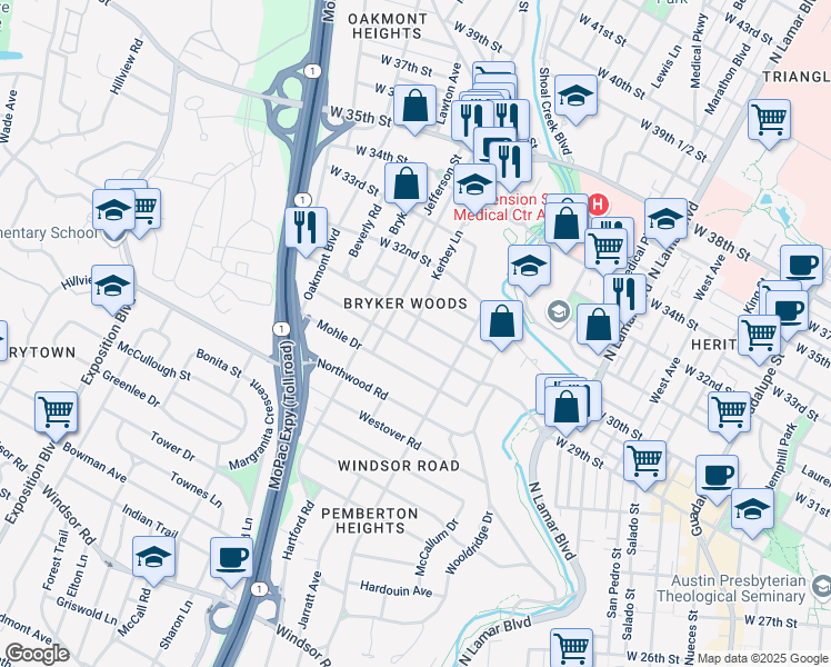 map of restaurants, bars, coffee shops, grocery stores, and more near 2903 Kerbey Lane in Austin
