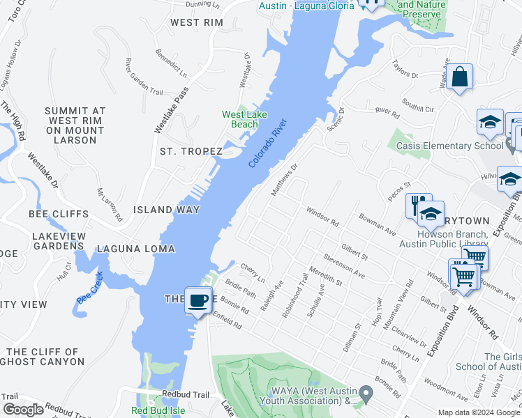 map of restaurants, bars, coffee shops, grocery stores, and more near 2106 Matthews Drive in Austin