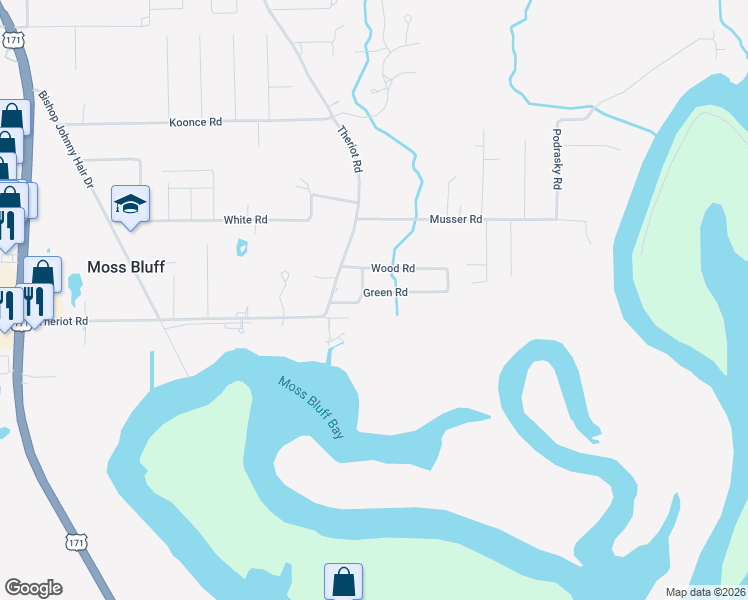 map of restaurants, bars, coffee shops, grocery stores, and more near 1001 Green Rd in Lake Charles