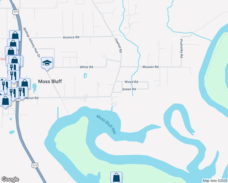 map of restaurants, bars, coffee shops, grocery stores, and more near 910 Green Road in Lake Charles