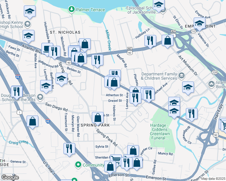 map of restaurants, bars, coffee shops, grocery stores, and more near 3534 Beach Boulevard in Jacksonville