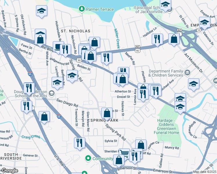 map of restaurants, bars, coffee shops, grocery stores, and more near 2136 Schumacher Avenue in Jacksonville
