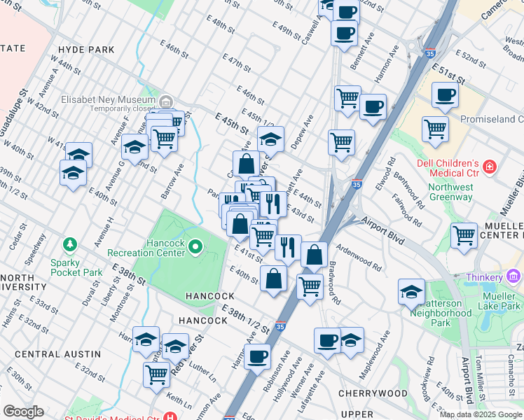 map of restaurants, bars, coffee shops, grocery stores, and more near 1000 East 41st Street in Austin