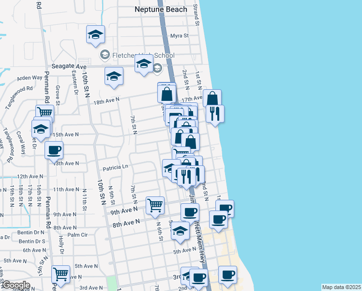 map of restaurants, bars, coffee shops, grocery stores, and more near 1410 Florida A1A in Jacksonville Beach