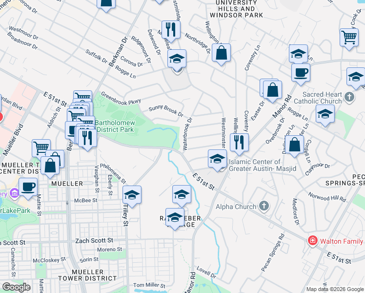 map of restaurants, bars, coffee shops, grocery stores, and more near 5102 Waterbrook Drive in Austin