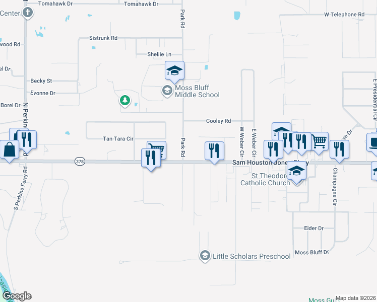 map of restaurants, bars, coffee shops, grocery stores, and more near 140 Park Rd in Lake Charles