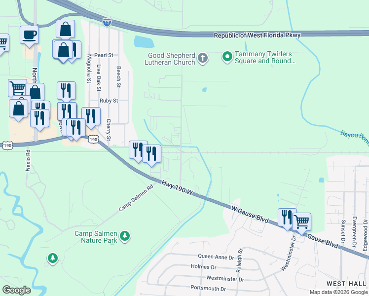 map of restaurants, bars, coffee shops, grocery stores, and more near 59988 Camp Villere Road in Slidell