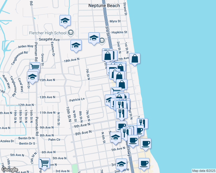 map of restaurants, bars, coffee shops, grocery stores, and more near 400 14th Avenue North in Jacksonville Beach
