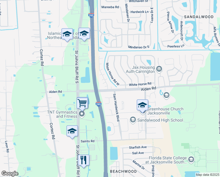 map of restaurants, bars, coffee shops, grocery stores, and more near 10743 Alden Road in Jacksonville