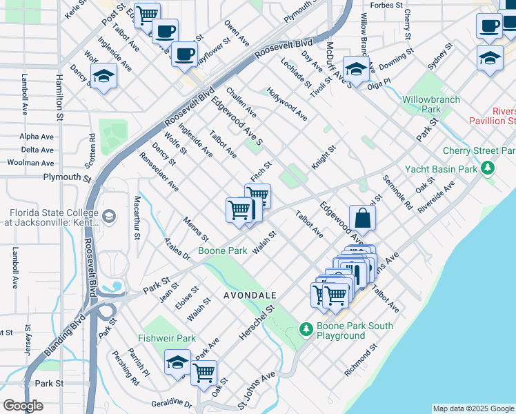 map of restaurants, bars, coffee shops, grocery stores, and more near 1448 Ingleside Avenue in Jacksonville