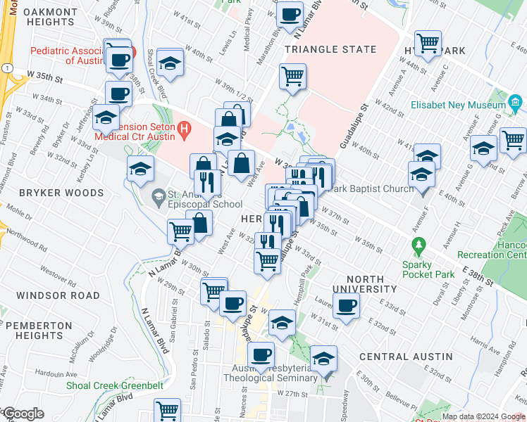 map of restaurants, bars, coffee shops, grocery stores, and more near in Austin