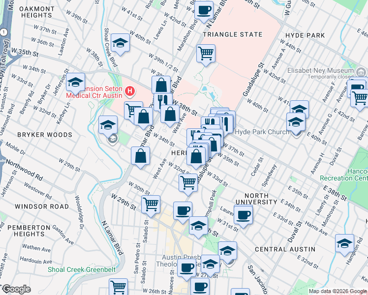 map of restaurants, bars, coffee shops, grocery stores, and more near in Austin