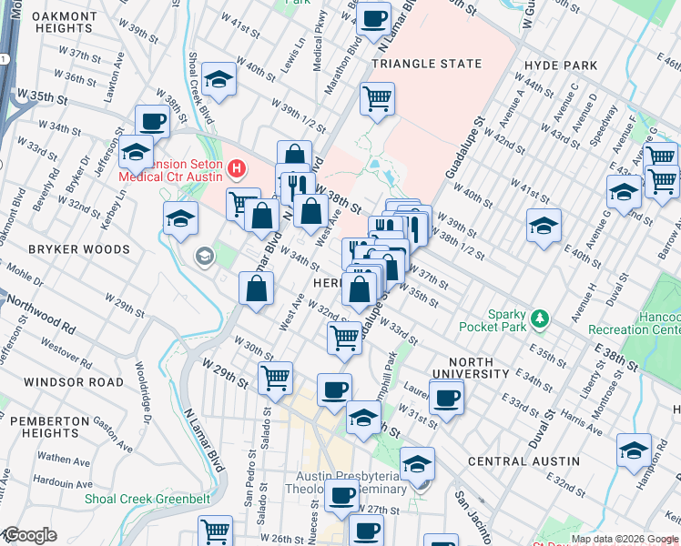 map of restaurants, bars, coffee shops, grocery stores, and more near in Austin