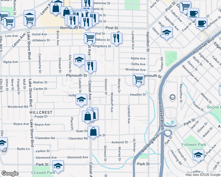 map of restaurants, bars, coffee shops, grocery stores, and more near 1244 Woodruff Avenue in Jacksonville