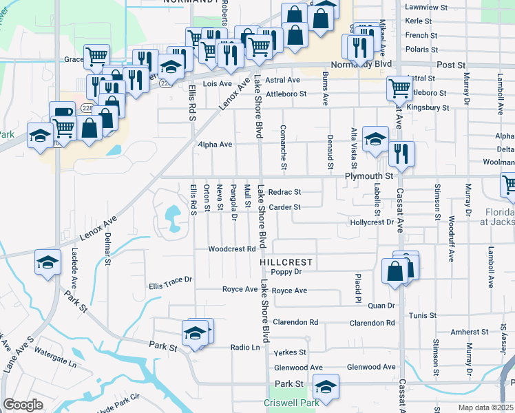 map of restaurants, bars, coffee shops, grocery stores, and more near 1242 Lake Shore Boulevard in Jacksonville