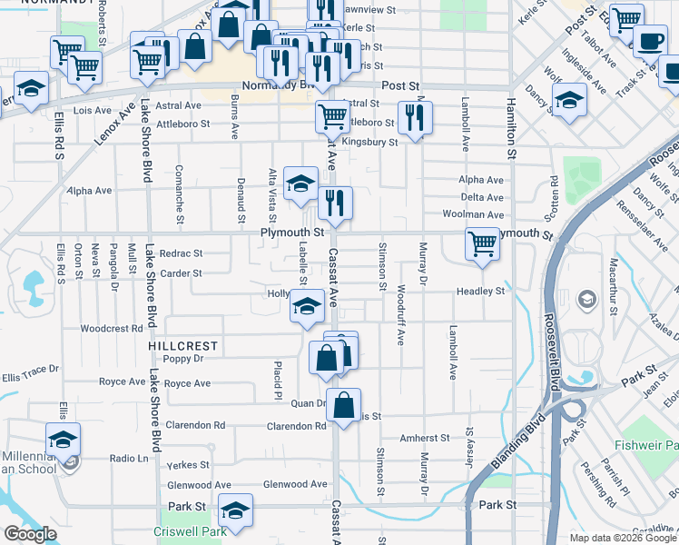 map of restaurants, bars, coffee shops, grocery stores, and more near 1249 Cassat Avenue in Jacksonville