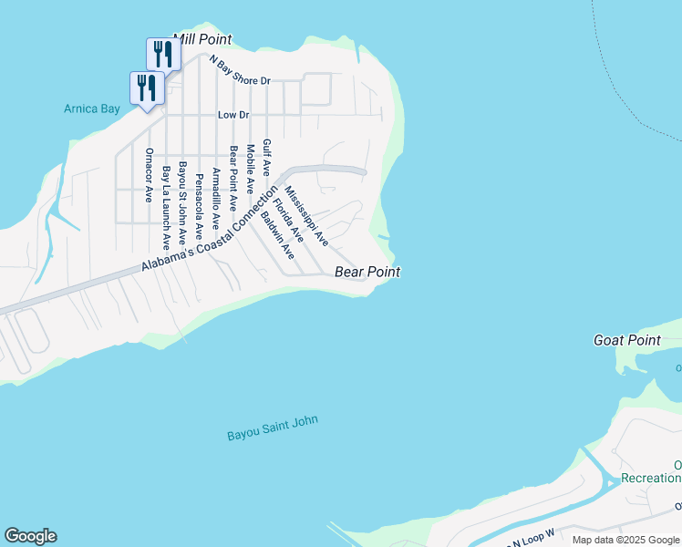map of restaurants, bars, coffee shops, grocery stores, and more near 29857 Bayshore Drive in Orange Beach