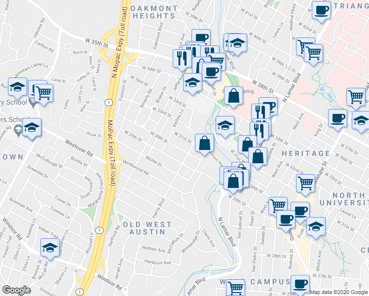 map of restaurants, bars, coffee shops, grocery stores, and more near 1504 West 30th Street in Austin