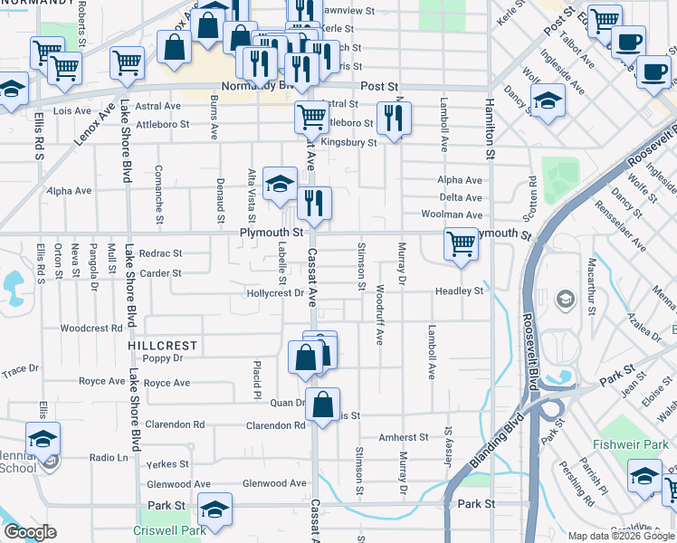 map of restaurants, bars, coffee shops, grocery stores, and more near 4826 Elizabeth Terrace in Jacksonville