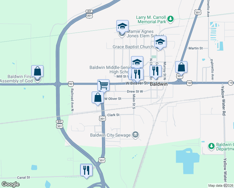 map of restaurants, bars, coffee shops, grocery stores, and more near 575 West Oliver Street in Baldwin