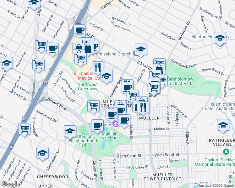 map of restaurants, bars, coffee shops, grocery stores, and more near 4815 Mueller Boulevard in Austin