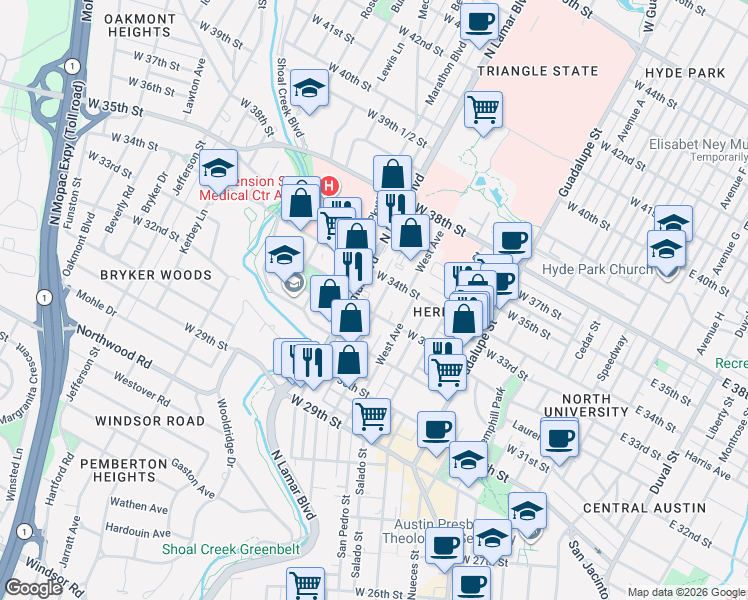 map of restaurants, bars, coffee shops, grocery stores, and more near 3200 Grandview Street in Austin