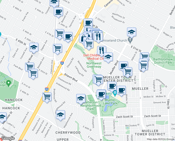 map of restaurants, bars, coffee shops, grocery stores, and more near 1406 Bentwood Road in Austin