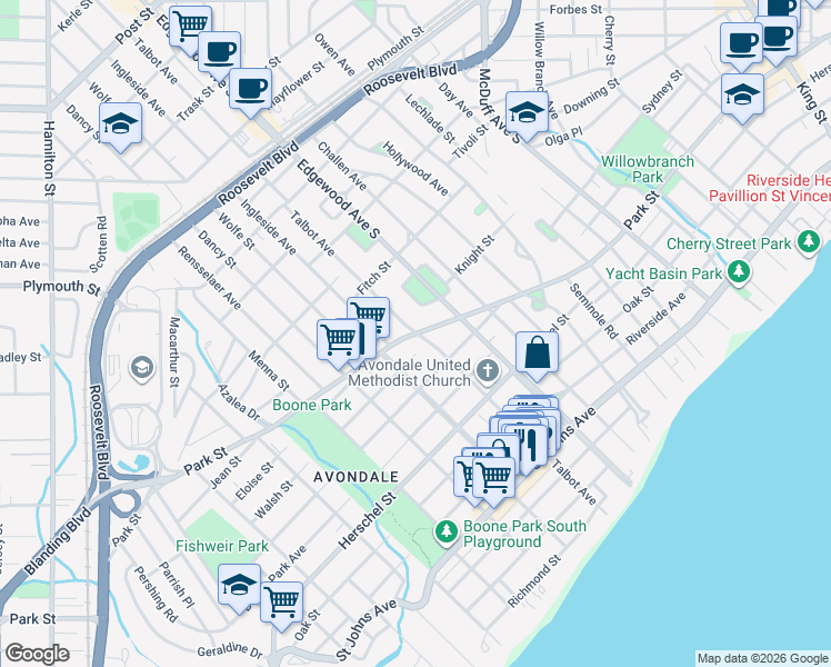 map of restaurants, bars, coffee shops, grocery stores, and more near Park St & Talbot Ave in Jacksonville