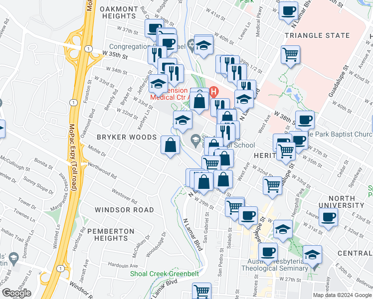 map of restaurants, bars, coffee shops, grocery stores, and more near 1113 West 31st Street in Austin