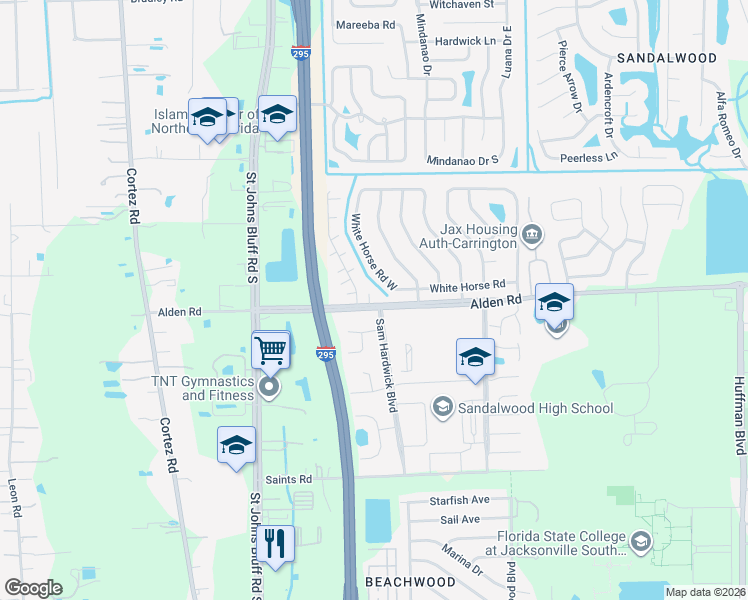 map of restaurants, bars, coffee shops, grocery stores, and more near 10743 Alden Road in Jacksonville